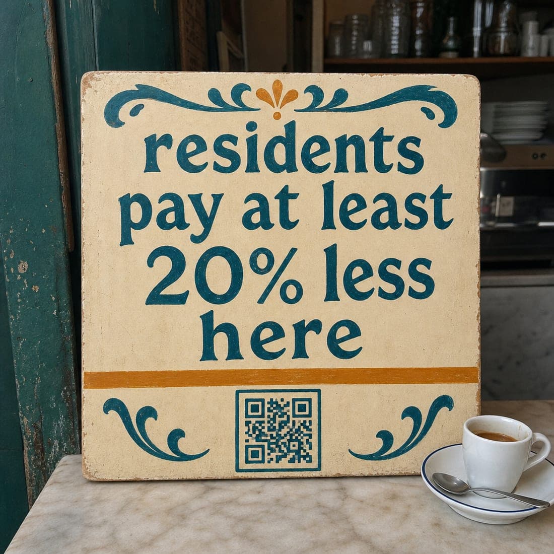A hand-painted sign on a café counter reading: residents pay at least 20% less here, with a QR code beneath it.